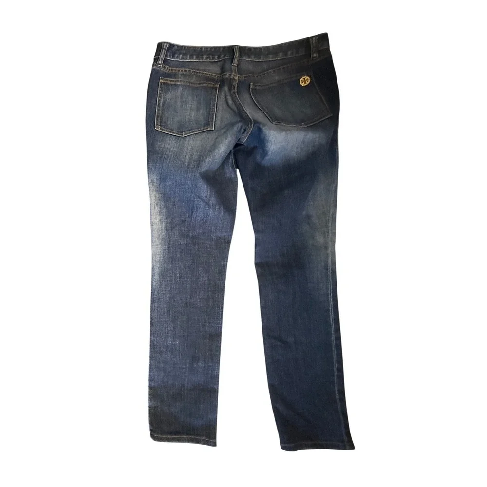 Tory Burch Super Skinny Jeans Womens 32 Blue Denim Stretch Gold Logo Medallion